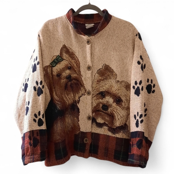Vtg SUGAR STREET WEAVER Yorkshire Terrier Tapestry Jacket Cardigan Dogs Cottage - Picture 4 of 16